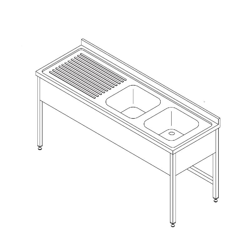 Table lave-vaisselle en inox - 150 x 70 cm - avec 2 éviers, dosseret et pieds réglables_0