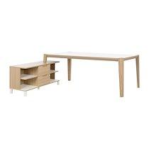 Bureau avec retour en meuble de rangement, plateau L 200 x P 90 cm, piétement bois massif - Absolu - plateau blanc_0
