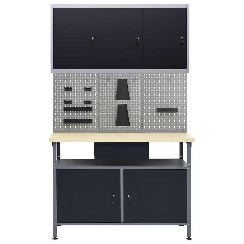 Établi 120 cm - 3 panneaux muraux et 1 armoire atelier - Table de travail robuste gris/noir - Réf : 02_0003663_0