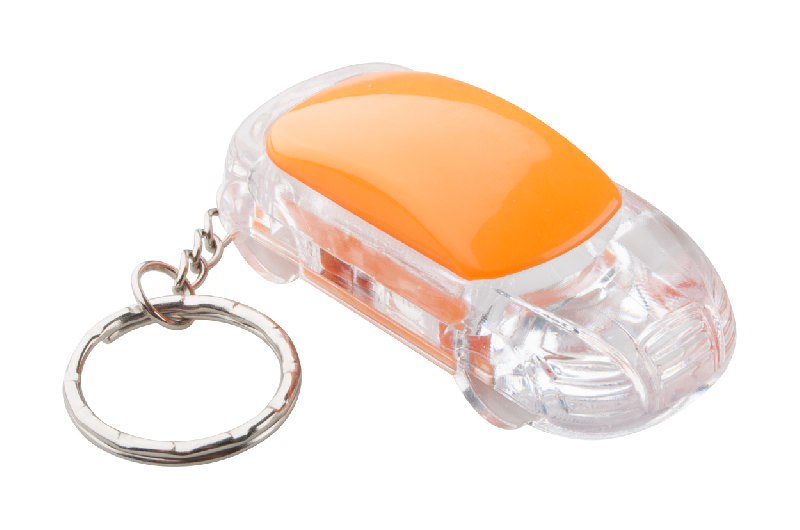 Porte-clés en forme de voiture - lampe LED blanche - plastique - couleur orange - pile bouton incluse_0