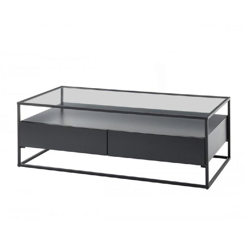 TABLE BASSE DESIGN 120 CM EDMONTON NOIR PIÈTEMENT MÉTAL NOIR 2 TIROIRS_0