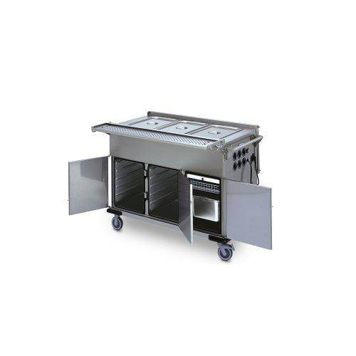 CHARIOT BAIN MARIE SUR 3 COMPARTIMENTS CHAUFFANTS AVEC COUVERCLE RABATTABLE HUPFER