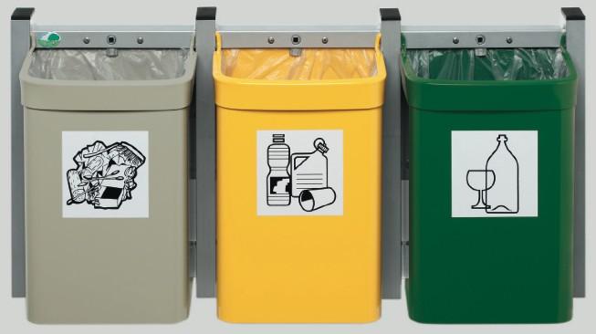Poubelle murale pour tri sélectif - acier avec pictogrammes - coloris variés et serrure anti-vol_0