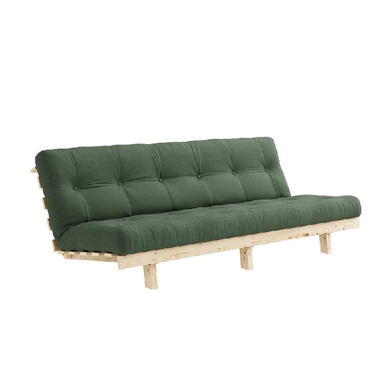 BANQUETTE CONVERTIBLE FUTON LEAN PIN COLORIS VERT OLIVE COUCHAGE 130*190 CM._0