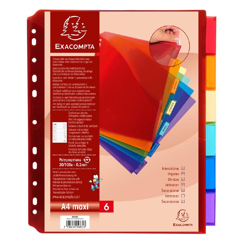 Exacompta Lot de 10 Intercalaires à poche 6 positions, format A4+, polypro translucide, coloris assortis - matière synthétique 4834E_0