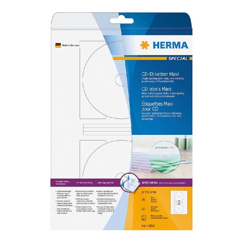 HERMA ÉTIQUETTES POUR CD -  116 MM - JET D'ENCRE - MAT - POCHETTE DE 50 ÉTIQUETTES