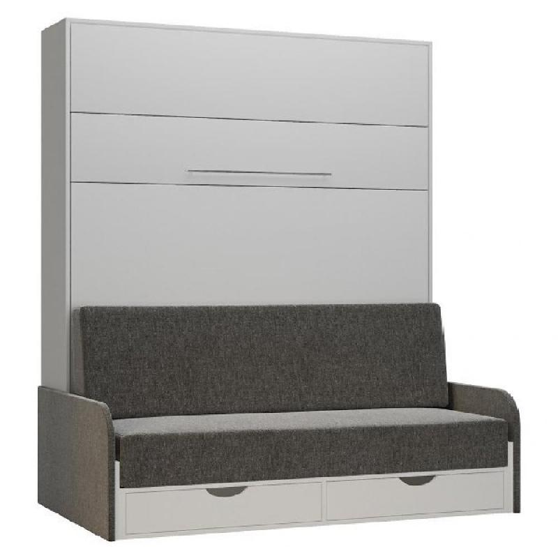 ARMOIRE LIT ESCAMOTABLE KOMPACT SOFA BLANC MAT CANAPÉ TIROIRS ACCOUDOIRS TISSU GRIS 160*200 CM_0