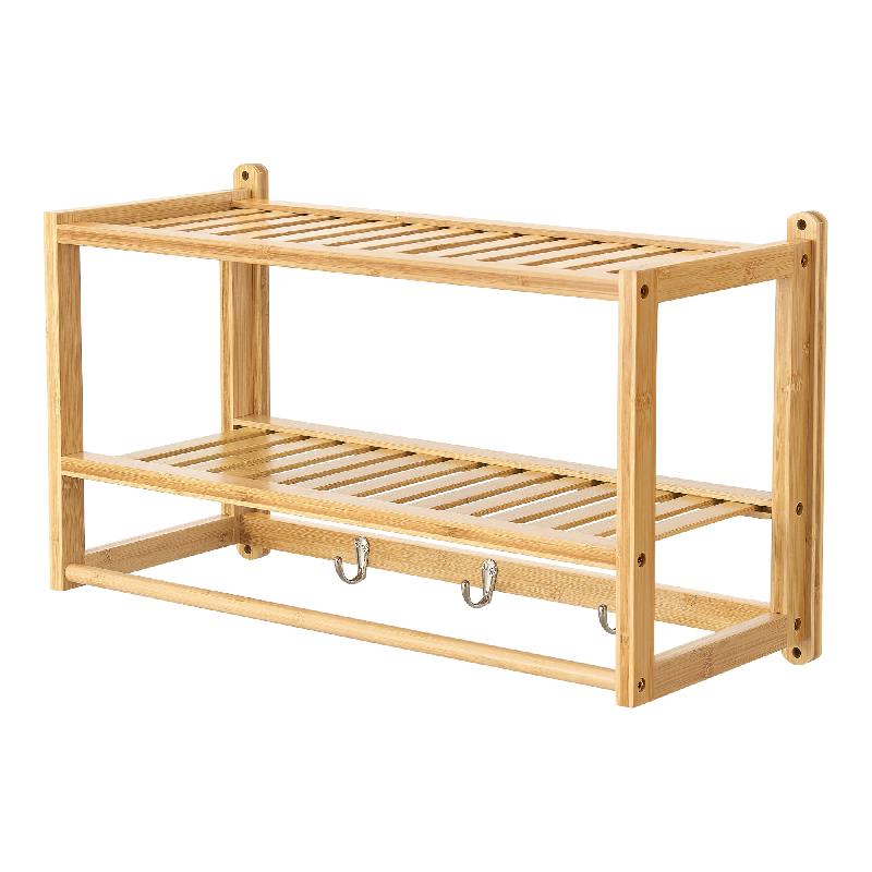 Étagère murale en bambou - 30 x 55 x 22,5 cm - Naturel avec 3 crochets et barre pour serviette - 03_0007046_0