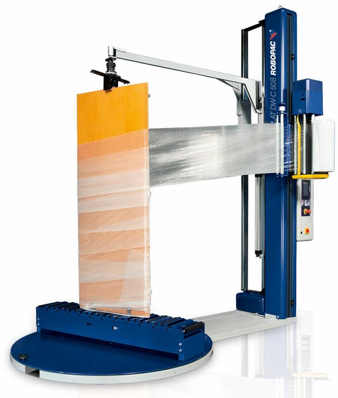 Banderoleuse semi-automatique Rotoplat DW-DW/C - conditionnement portes et fenêtres - avec convoyeur à rouleaux fous et pré-étirage 250%_0