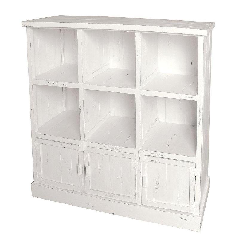 Buffet bas Héritage blanc patiné - 6 cases, 3 portes - L119xP39xH110cm - Pin massif_0