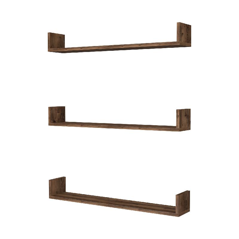 Lot de 3 étagères murales - 12x90x15 cm - effet chêne patiné - panneau de particules 18 mm - réf. 03_0007081_0