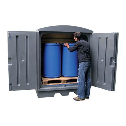Petit conteneur de rétention plastique 280 litres - stockage sécurisé pour 2 fûts de 220 litres - porte verrouillable_0
