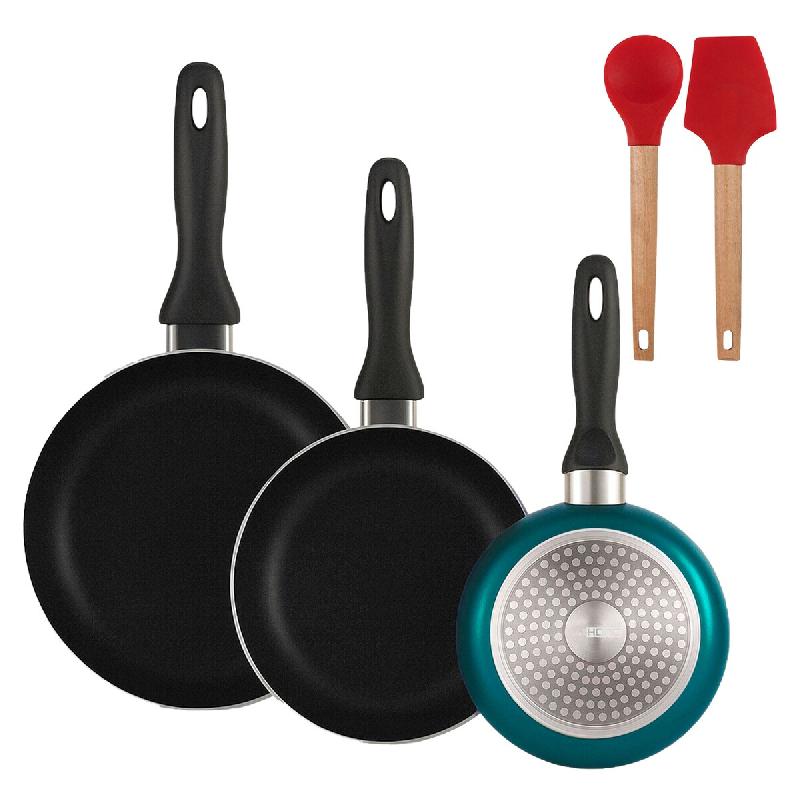 BERGNER - Set de 3 poêles Ø16/20/24 cm en aluminium pressé coloris bleu métallisé avec lot de 2 ustensiles de cuisine EXCALIBUR - PK9853_0