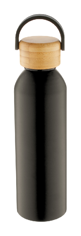 Bouteille en aluminium - 600 ml - couvercle en bambou - couleur noir_0