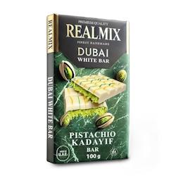 Carton de 30 tablettes | REALMIX Chocolat Blanc Dubaï avec pistaches et remplissage Kunafa | Fabriqué à Dubaï U.A.E. | 100 g - 9120060950761_0