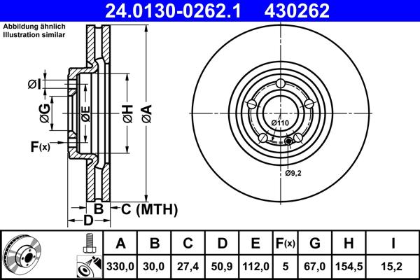 Disque de frein ventilé ATE 430262 - boîte de 1 disque pour assemblage avant_0