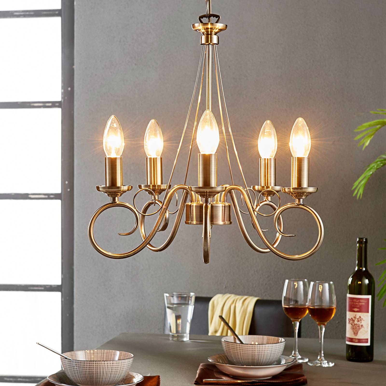 LINDBY LUSTRE MARNIA, 5 LAMPES, Ø 40 CM, LAITON VIEILLI, E14