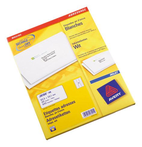 ETIQUETTE ADRESSE JET D'ENCRE 63,5 X 38,1 MM AVERY J8160-40 BLANCHE - BOÎTE DE 840