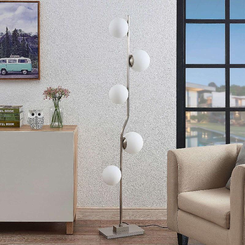 LINDBY AVALYN LAMPADAIRE, BLANC, NICKEL SATINÉ