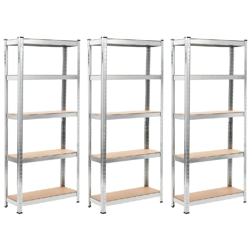 Lot de 3 étagères de rangement charge lourde - acier galvanisé et MDF - 172 cm argenté - robuste pour atelier, garage ou outils_0
