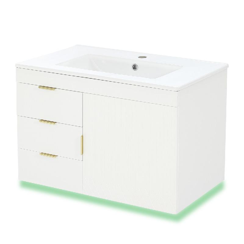 Merax meuble vasque mural 76 × 46 × 51 cm avec vasque céramique, meuble blanc avec LED RGB via app, Soft-Close et 2 tiroirs - blanc multi-matériau_0