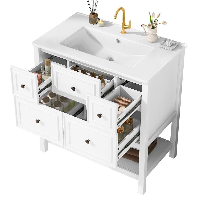 Merax Vasque sur pied avec vasque en céramique 76 x 46,5 x 82,3 cm, meuble de salle de bain avec 5 tiroirs, étagère ouverte, blanc - blanc multi-ma_0