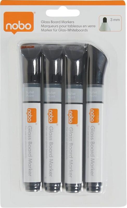 Nobo Blister de 4 marqueurs pour tableaux en verre, encre noire - 5028252526081_0