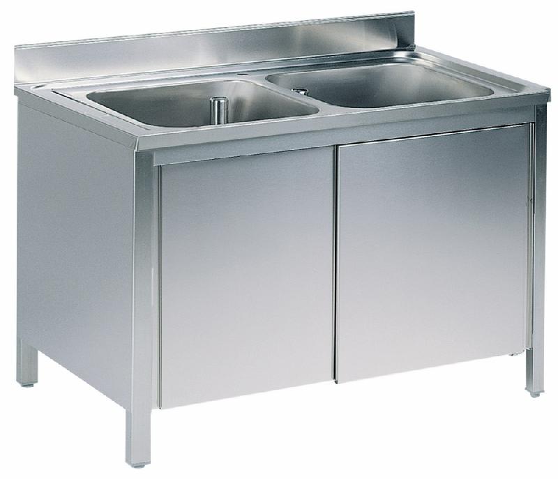 Plonge inox sur armoire, 2 bacs, avec portes coulissantes, 1000x600 mm - SLA21006_0