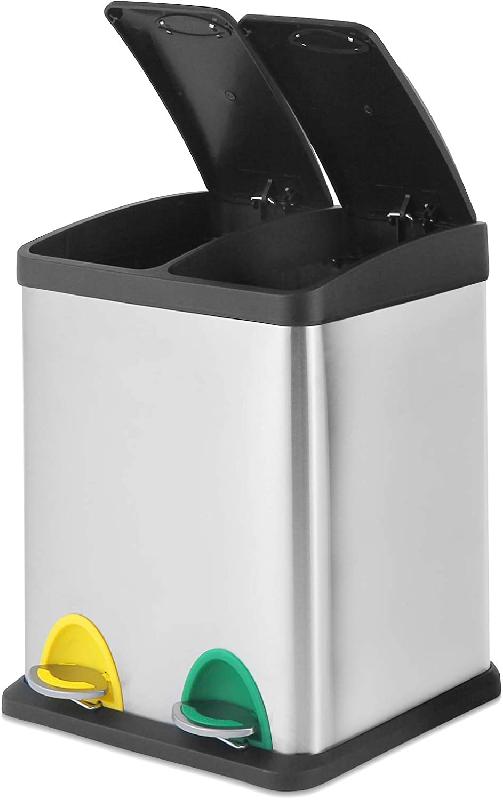 Poubelle de cuisine de recyclage 16L - 2 compartiments avec seaux amovibles en acier inoxydable - Pédales colorées sélectives - 01_0000307_0