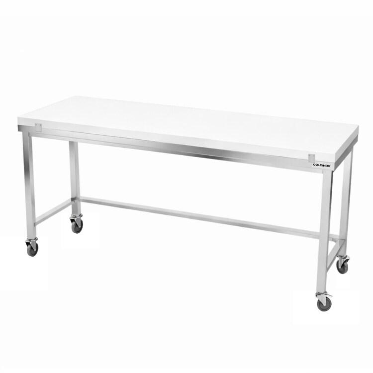 Table de travail en inox 1800x700 mm avec plaque de découpe blanche et renfort sur roulettes PREMIUM - GOLDINOX - gris inox 3701770840410_0