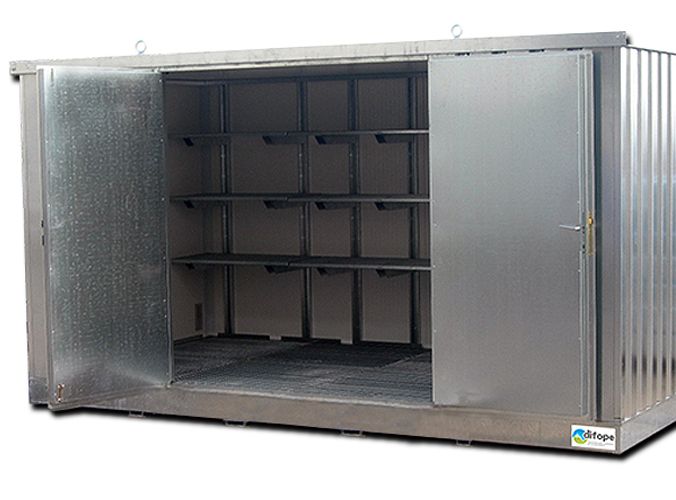 Bungalow de stockage isolé avec rétention intégrée - 4m x 2m - 914 L - idéal pour déchetterie, site industriel, entrepôt, stockage logistique, chantier DIFOPE_0
