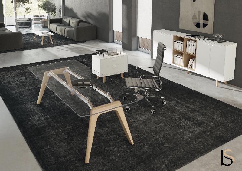 Bureau de Direction Rail en verre - Bralco. - 200, Verre transparent, Chêne naturel_0