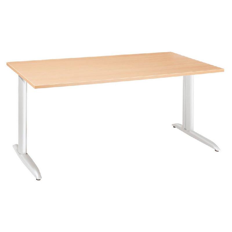 BUREAU DROIT ACTUAL - L. 140 X P. 80 CM - PLATEAU HETRE - PIEDS L HAUTEUR AJUSTABLE BLANC