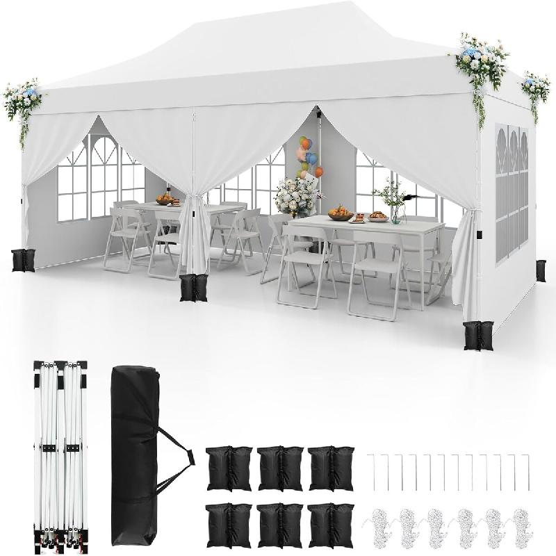COSTWAY Pavillon pliant 3×6 m, hauteur réglable, 6 parois latérales amovibles, sac de transport, hydrofuge, protection UV 50+, blanc - blanc métal_0