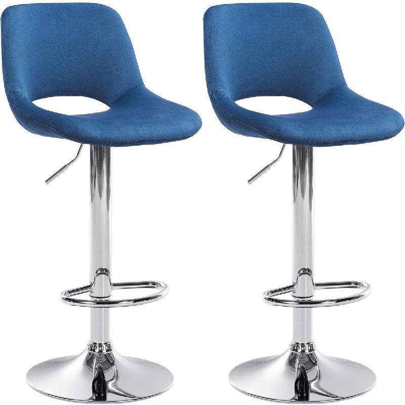 Décoshop26 - Tabourets de bar chaises haute x2 avec repose-pieds en velours bleu piètement métallique chromé 10_0004073 - bleu métal 3000251916041_0