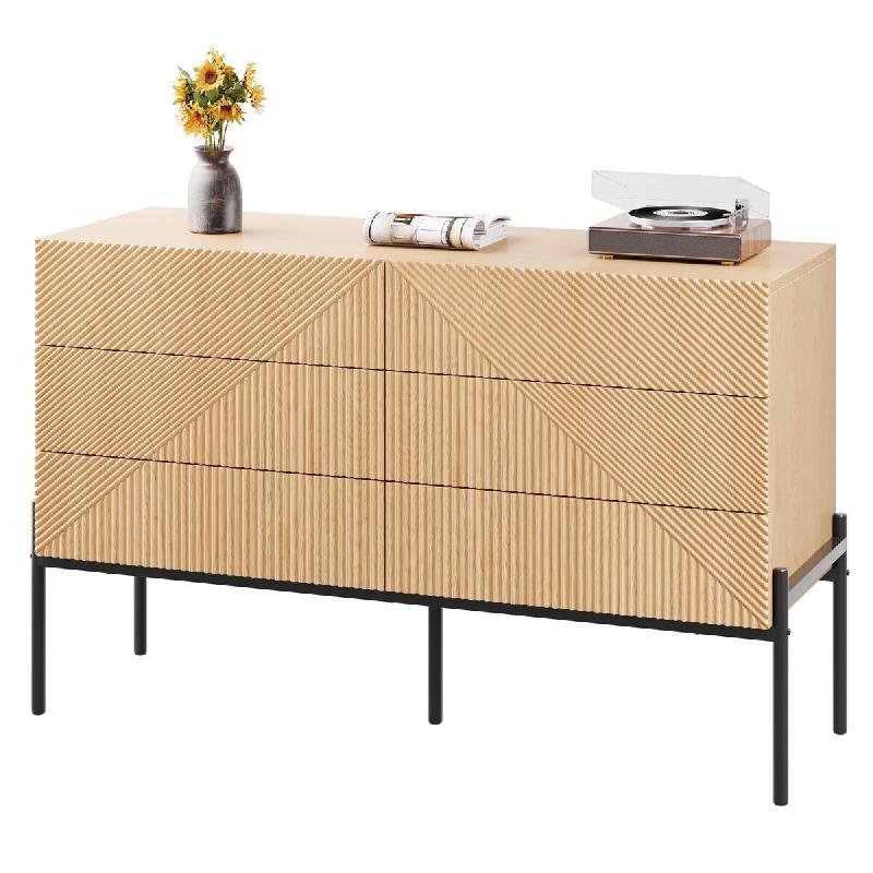 Merax Buffet avec 6 Tiroirs, Commode Aspect Bois avec Structure 3D, Armoire de Rangement, Pieds en Métal, Salon, Couleur Bois Naturel - multi-matéri_0