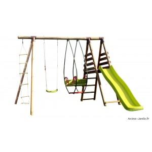Portique en bois Mocha - station 773125 - pin traité autoclave classe 4 avec toboggan, balançoires et échelle_0