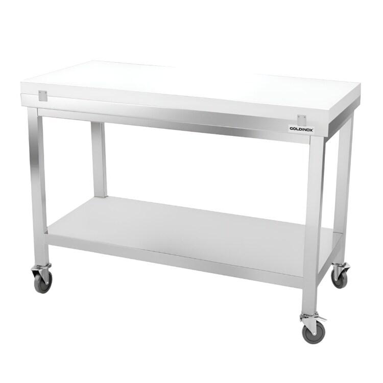 Table de travail en inox 1500x600 mm avec plaque de découpe blanche sur roulettes PREMIUM - GOLDINOX - gris inox 3701770841875_0