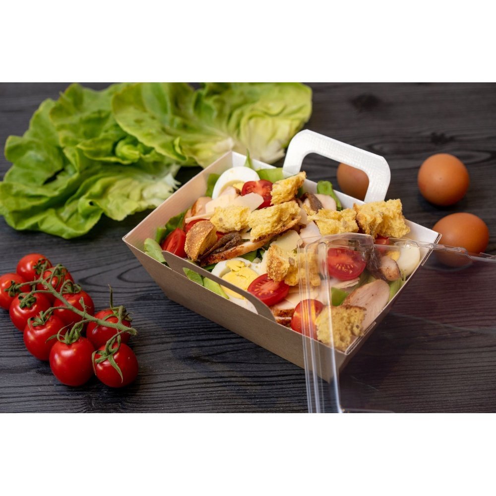 100 paniers froids pour salade Vision+® 950 ml - Kraft + APET avec couvercle PET - Idéal pour vente à emporter_0