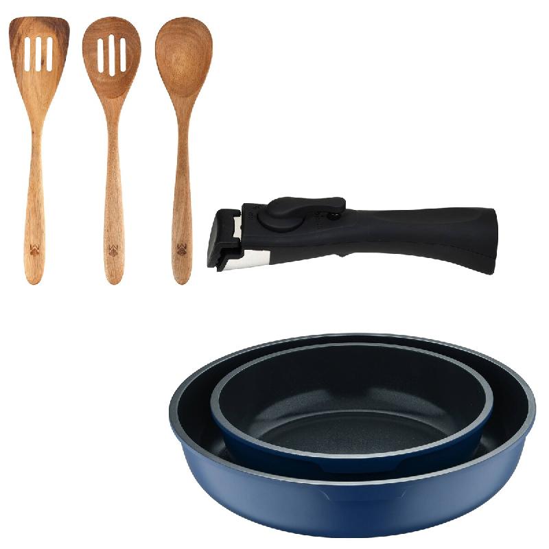 BERGNER - Jeu de 2 poêles Ø22/26 cm en aluminium moulé bleu avec poignée amovible avec set de 3 ustensiles de cuisine 32,8x33x7x1,4 cm Xmart - PK9778_0