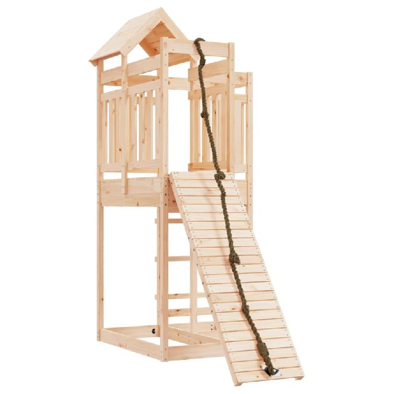 Maisonnette de jeu en bois de pin massif - mur d'escalade, plateforme 90 cm et bacs à sable - 107x196x238 cm - Réf 02_0004927_0