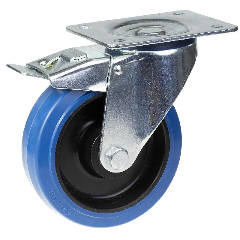 Roulette pivotante/frein de 160 mm avec caoutchouc élastique bleu sur roue centrale en nylon_0