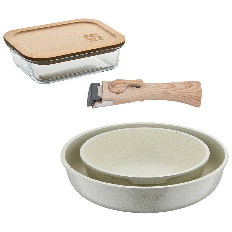 BERGNER - Jeu de 2 Poêles Ø22/26cm Aluminium Coulé Blanc avec Manche Amovible avec Hermétique de 650 ml en Verre Borosilicate NATURALLY - PK9772_0