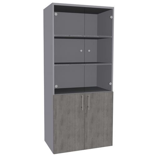 BIBLIOTHÈQUE MAJIX 2 PORTES BASSES+2 VERRE CHÊNE GRIS/ALU - SIMMOB