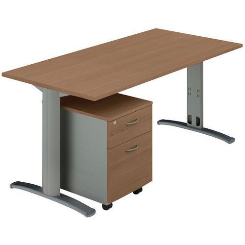 BUREAU PIEDS DALIA 140X80 + CAISSON MOBILE 2 TIR. NOYER /ALU - QUADRIFOGLIO