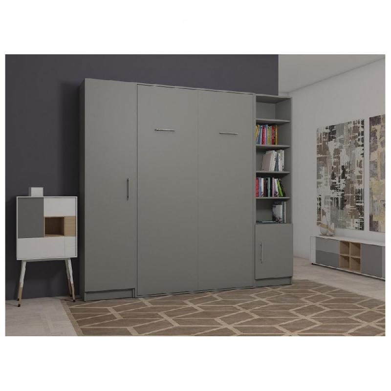 COMPOSITION ARMOIRE LIT ESCAMOTABLE SMART-V2 GRIS MAT COUCHAGE 140 X 200 CM COLONNE ARMOIRE ET BIBLIOTHÈQUE_0