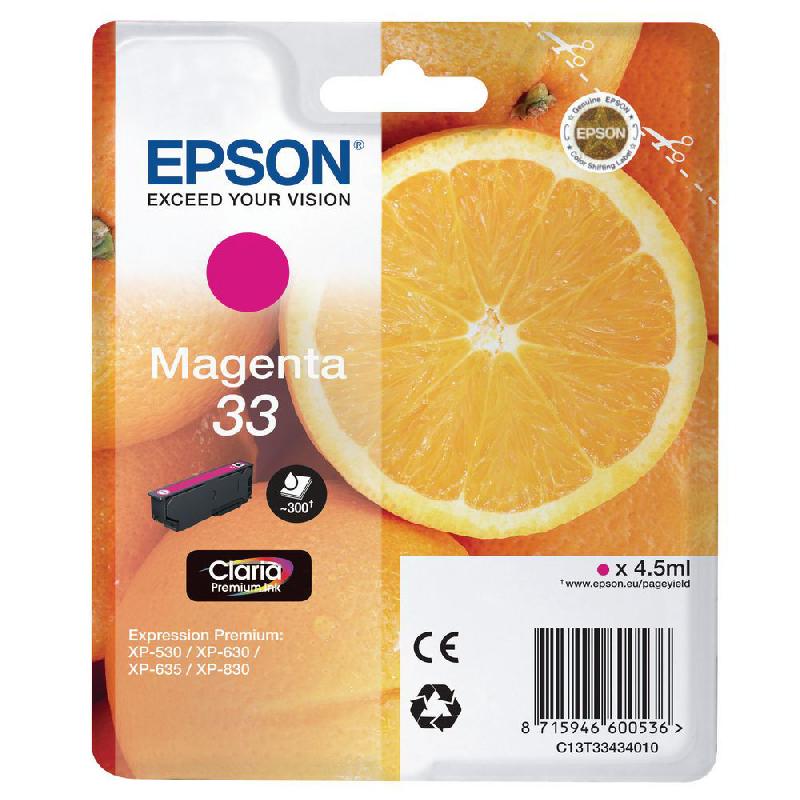 EPSON 33 ''ORANGES'' CARTOUCHE D'ENCRE ORIGINALE CLARIA PREMIUM (C13T33434012) - MAGENTA