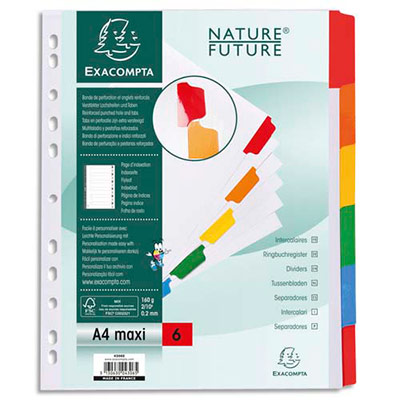 INTERCALAIRE TOUCHES NEUTRES EXACOMPTA - CARTE BLANCHE 170G - A4+ - 6 POSITIONS RENFORCEES