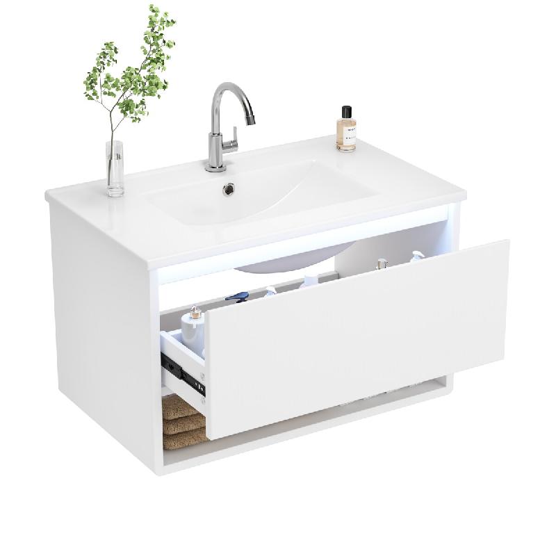 Merax Vasque LED 76.5×46×45cm, meuble de salle de bain suspendu, 1 tiroir, rangement ouvert, vasque en céramique intégrée, blanc - blanc multi-ma_0
