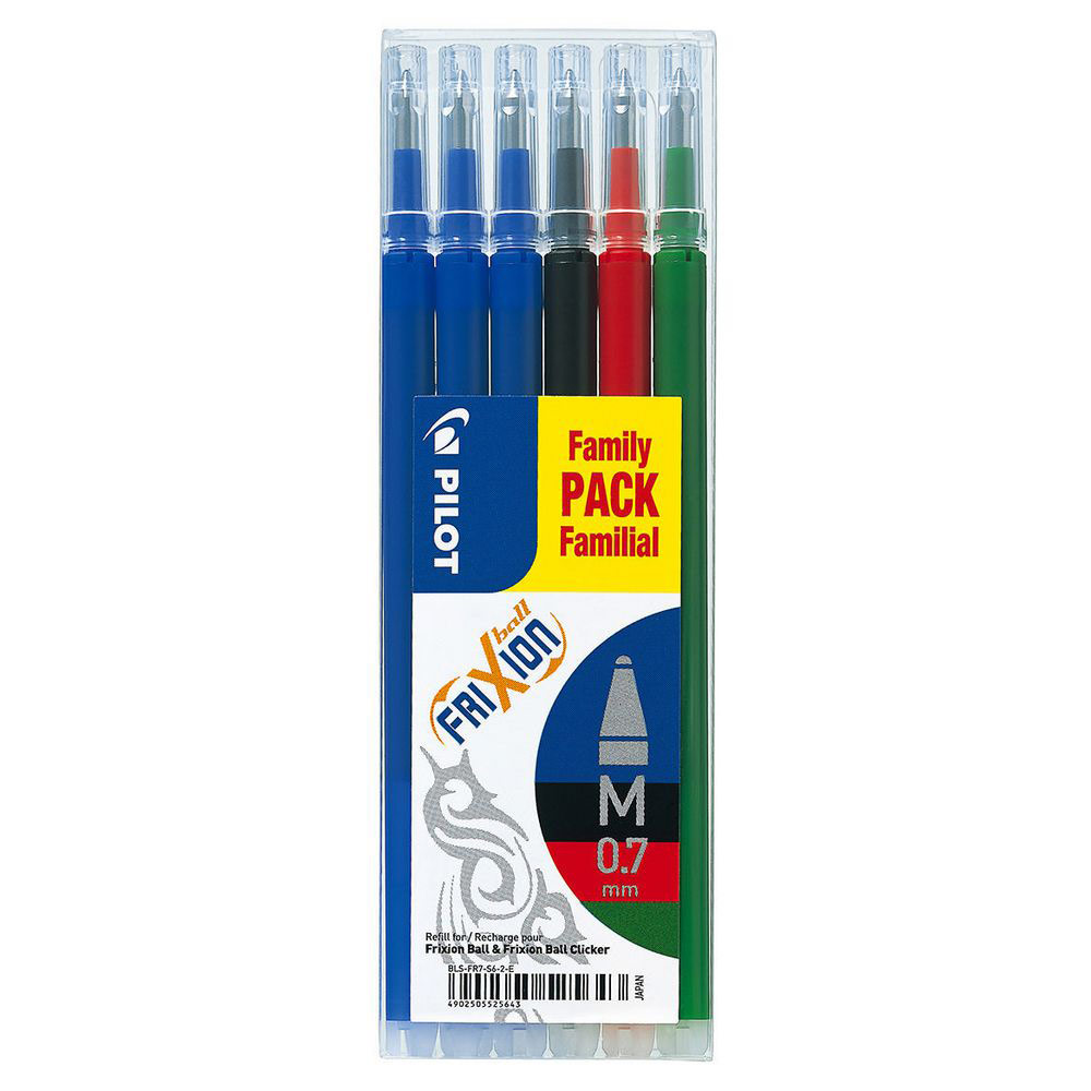 RECHARGE POUR STYLO PILOT FRIXION A ENCRE GEL - POINTE MOYENNE DE 0,7 MM - COLORIS ASSORTIS : 3 STYLOS BLEU - 1 NOIR - 1 ROUGE ET 1 VERT - PAQUET 6 UNITES